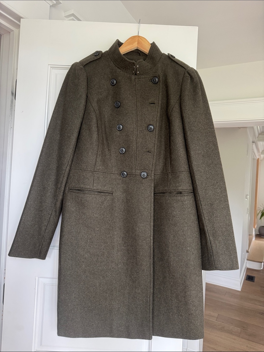 Banana Republic Olive Green Wool Coat with Navy Label